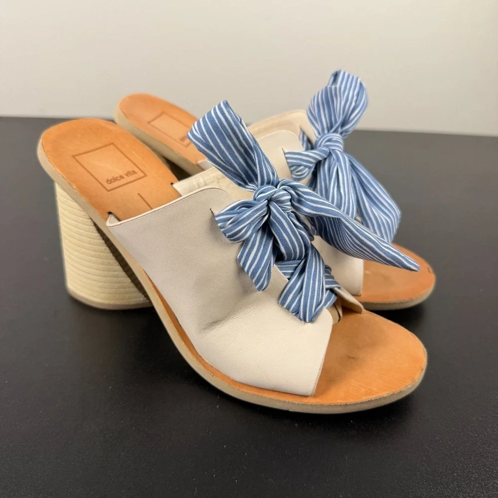 Dolce Vita Sandals Womens 8 White Cream Leather Chunky Wood Heels Slip On Dressy